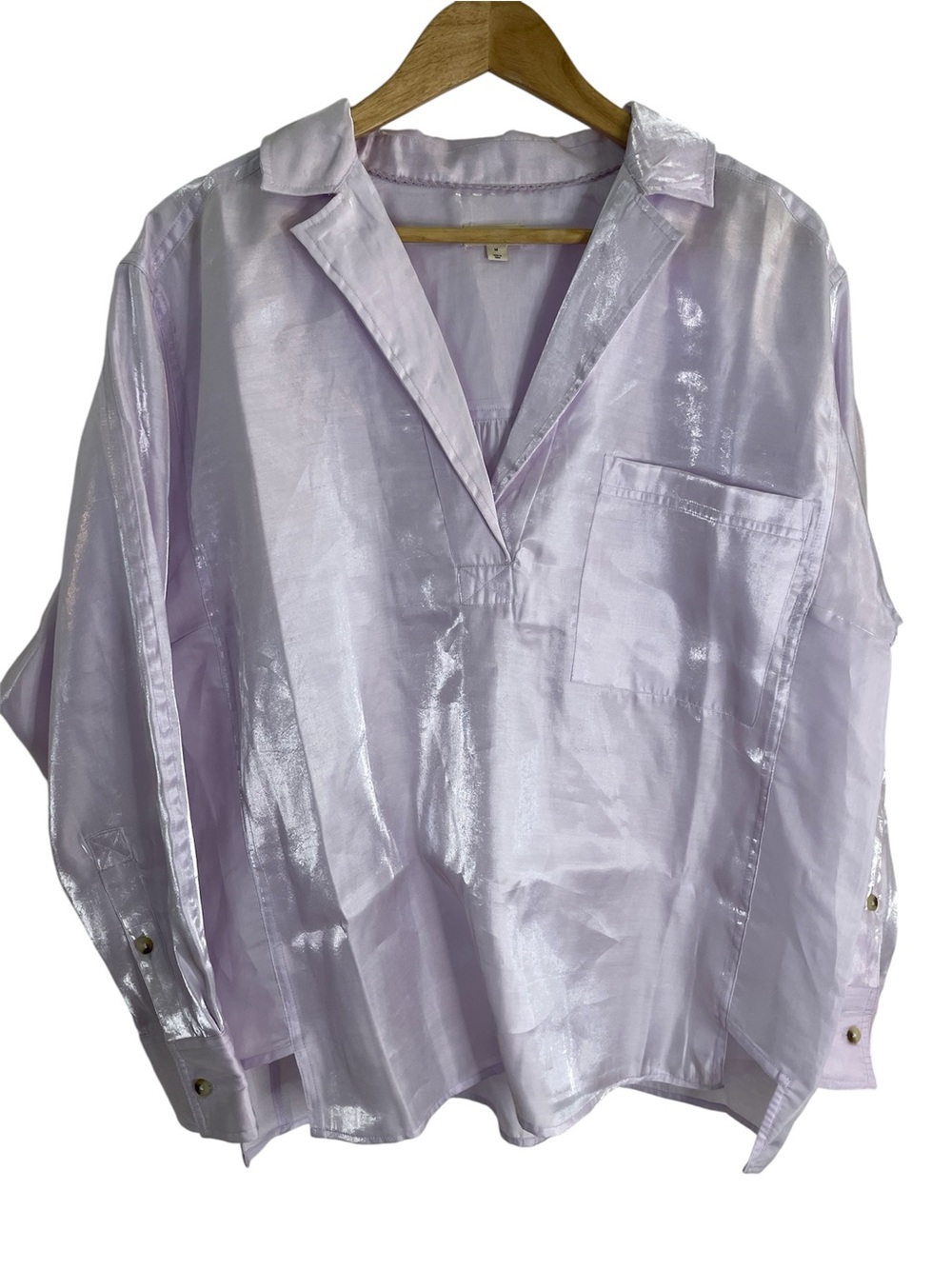 Pilcro Iridescent Lavender Satin V-Neck Blouse Single Front Pocket Size Medium